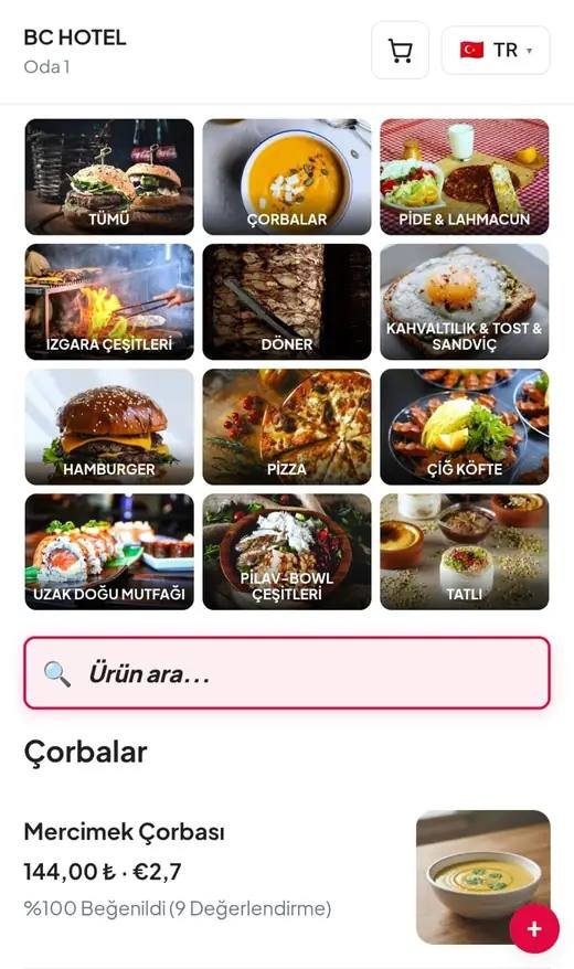 Misafirin QR kodu okuttuğunda gördüğü BringINN menü ekranı